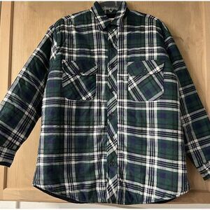 Wilderness LS Button Up Flannel Jacket Quilted Lining Med‎ Green/Blue Plaid